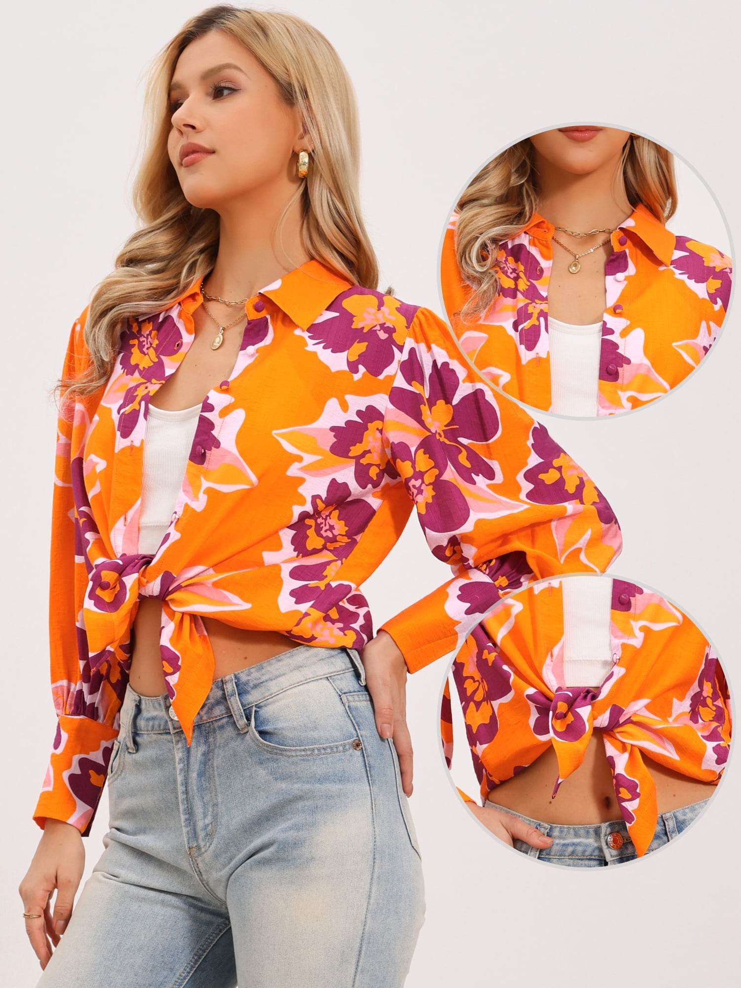 DARING DIVA Women's Boho Floral Blouse Shirt Lantern Long Sleeve Button Down M Orange