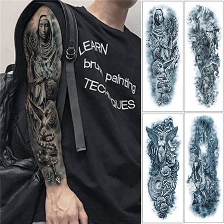 4 Large Arm Sleeve Tattoos Rose Rosary Virgin Mary Waterproof Temporary Tattoo Sticker Saint Angel Men Full Skull Tattoo