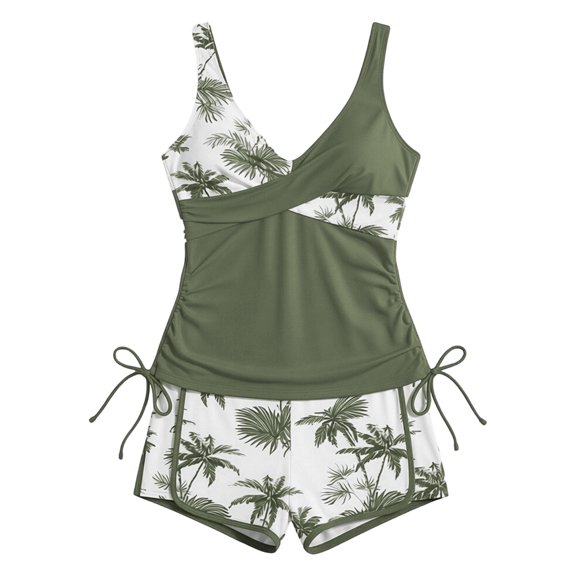 JAJAHO Tankini Swimsuits For Women 2 Piece Set Tummy Control Tropical Print V Neck Bathing Suit High Waist Shorts Bottom Comfy Beachwear