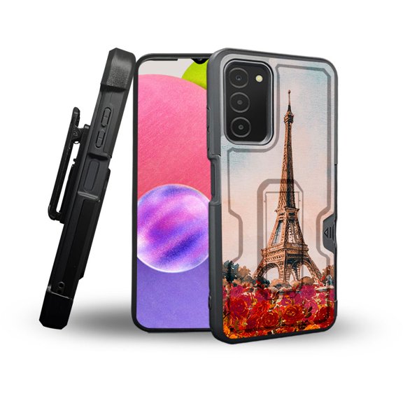 ANJ  Rugged Shockproof Holster Case Card Slot Kickstand   Tempered Glass Cover for Samsung Galaxy A03s - Oil Painting Eiffel