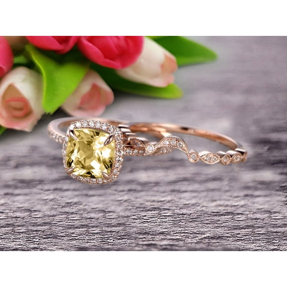 Milgrain 2.55 Carat 7mm Cushion Cut Champagne Diamond Moissanite Wedding Set Diamond Bridal Ring 10k Rose Gold Curved Matching Band Art Deco