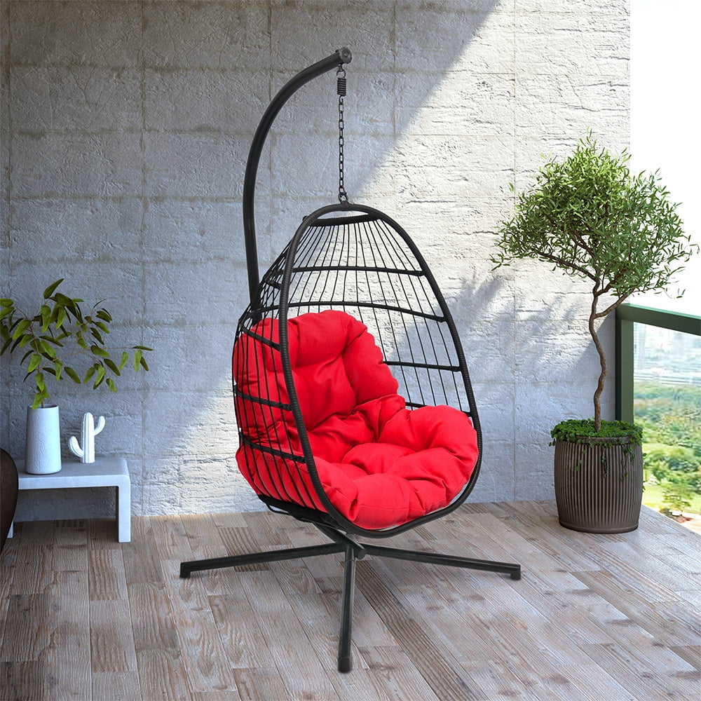 Abble Outdoor Wicker Hanging Basket Swing Chair with Cushion and Stand - Black & Red