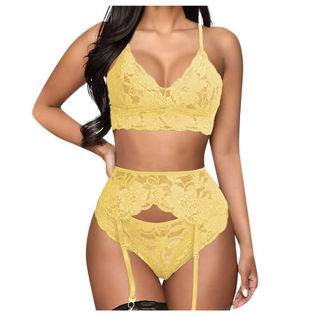 

EHTMSAK Lace Women s Lingerie Set Sexy Lingerie Babydoll Bralette with Garter Bra and Panty Set 3 Piece Yellow L