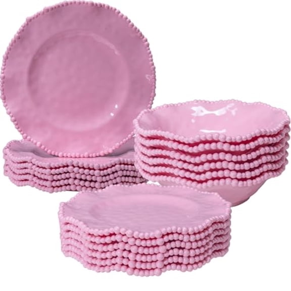 Pink Dishes Melamine Dinnerware Sets, 18 Piece Kitchen Plates and Bowls tableware Set, Lightweight, Beaded Serving Dishes for Girls, Valentine's Day, Mother's Day. Service for 6