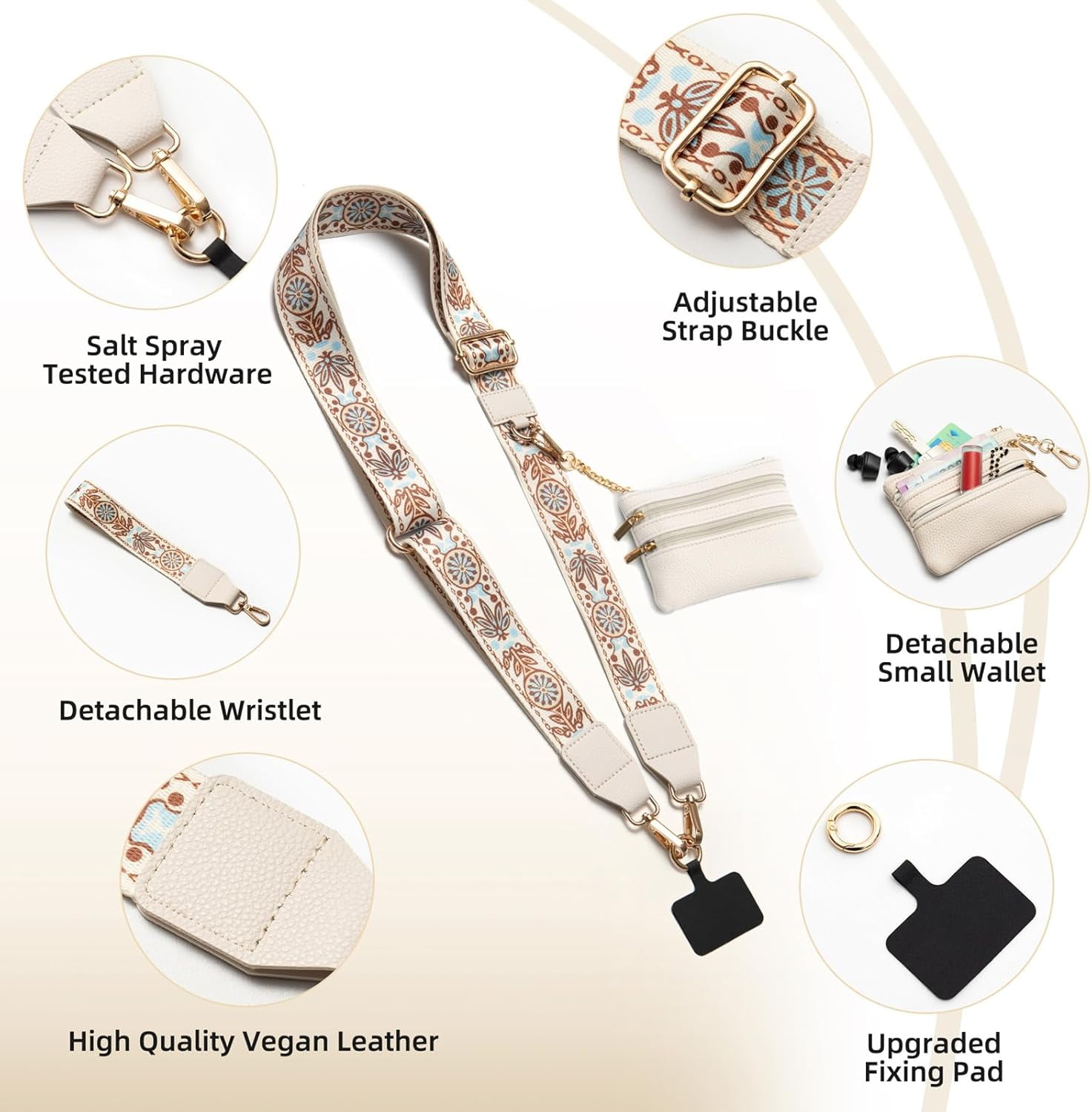 Crossbody Phone Strap with Zippered Pouch,Clip and Go Strap for Phone with Wallet,Adjustable Phone Lanyard Wrist Strap