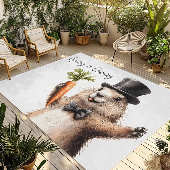 Fsddascl Groundhog Day Outdoor Rug for Patio/Deck/Porch, Non-Slip Large Area Rug 4 x 6 Ft, Spring Cute Brown Aniamls Carrot Indoor Outdoor Rugs Washable Area Rugs, Reversible Camping Rug Carpet