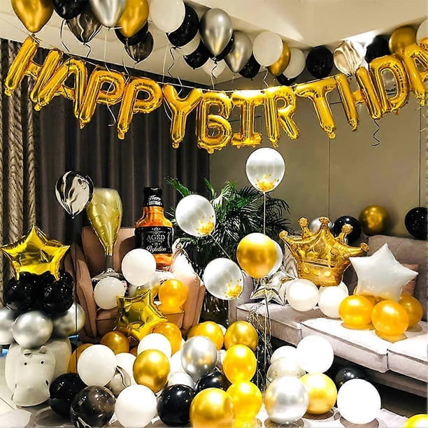 114 PCS Luxurious Black Gold Birthday Party Decorations with Hand Pump Dot Glue Tape, Happy Birthday Balloons Set for Party, Mens Birthday Decorations