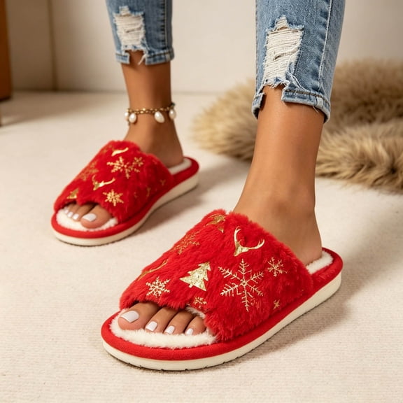Viluyesy Womens Slide Slippers Christmas Snowflake Faux Fur Open Toe Non Slip Holiday Warm House Slides Red Size 8-9