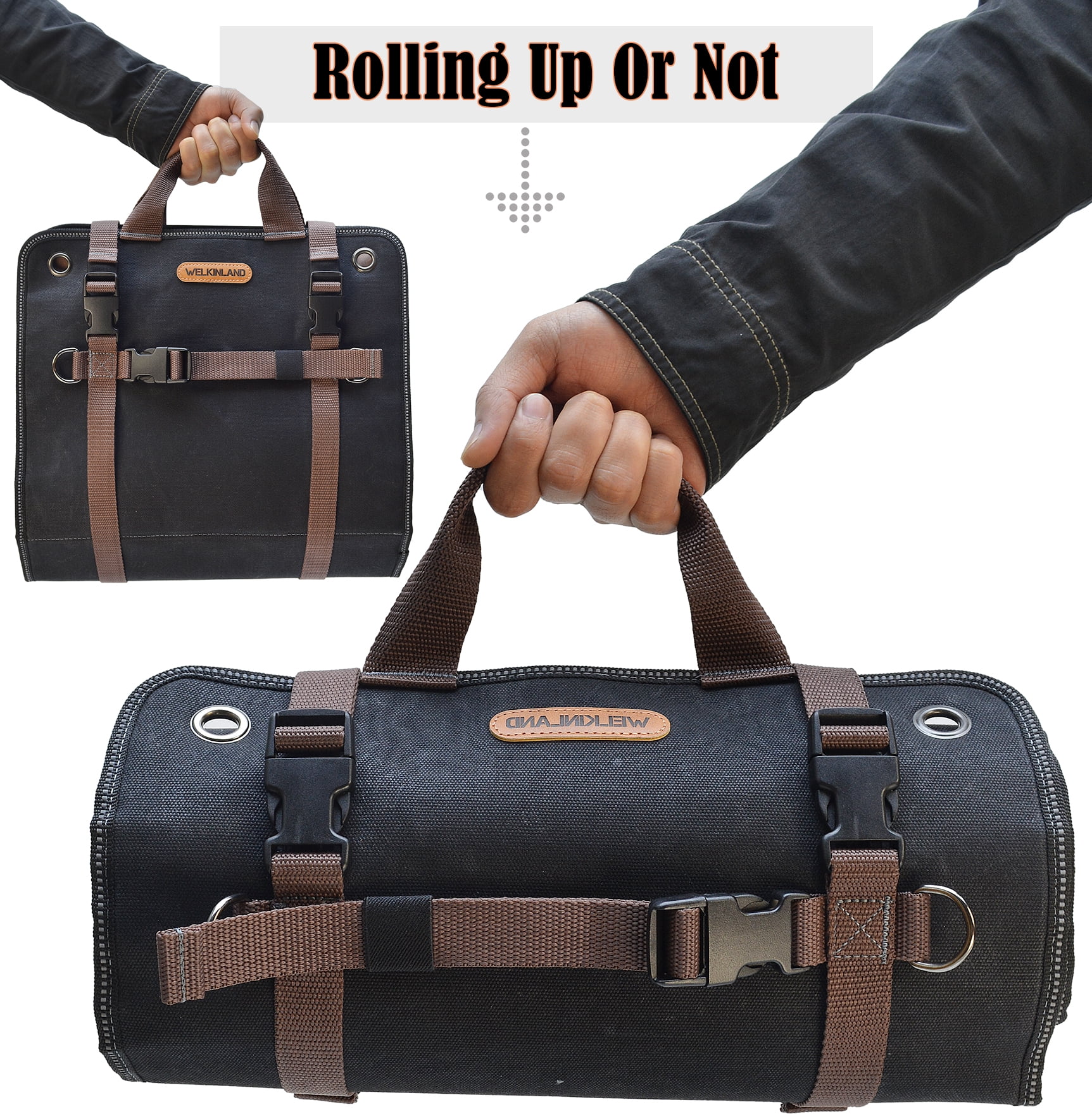 WELKINLAND Heavy-Duty Waxed Canvas 15-Pockets Tool Roll, 15L, Black