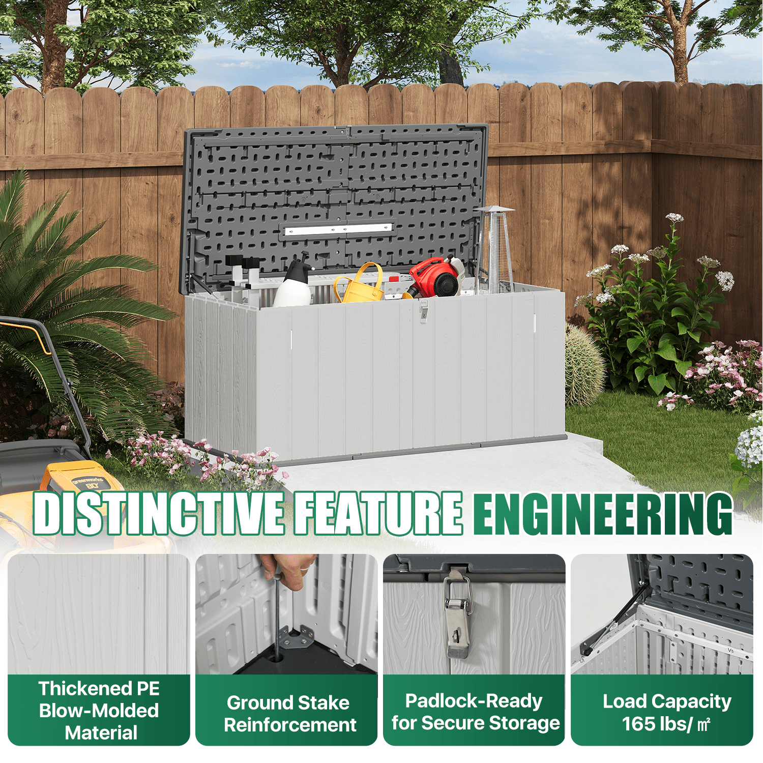 BaPiPro 120 Gallon Outdoor Patio Deck Box, Plastic Resin Storage Box for Garden Backyard Pool, Small Waterproof Storage Bins, 4.7'x2.2', Light Gray