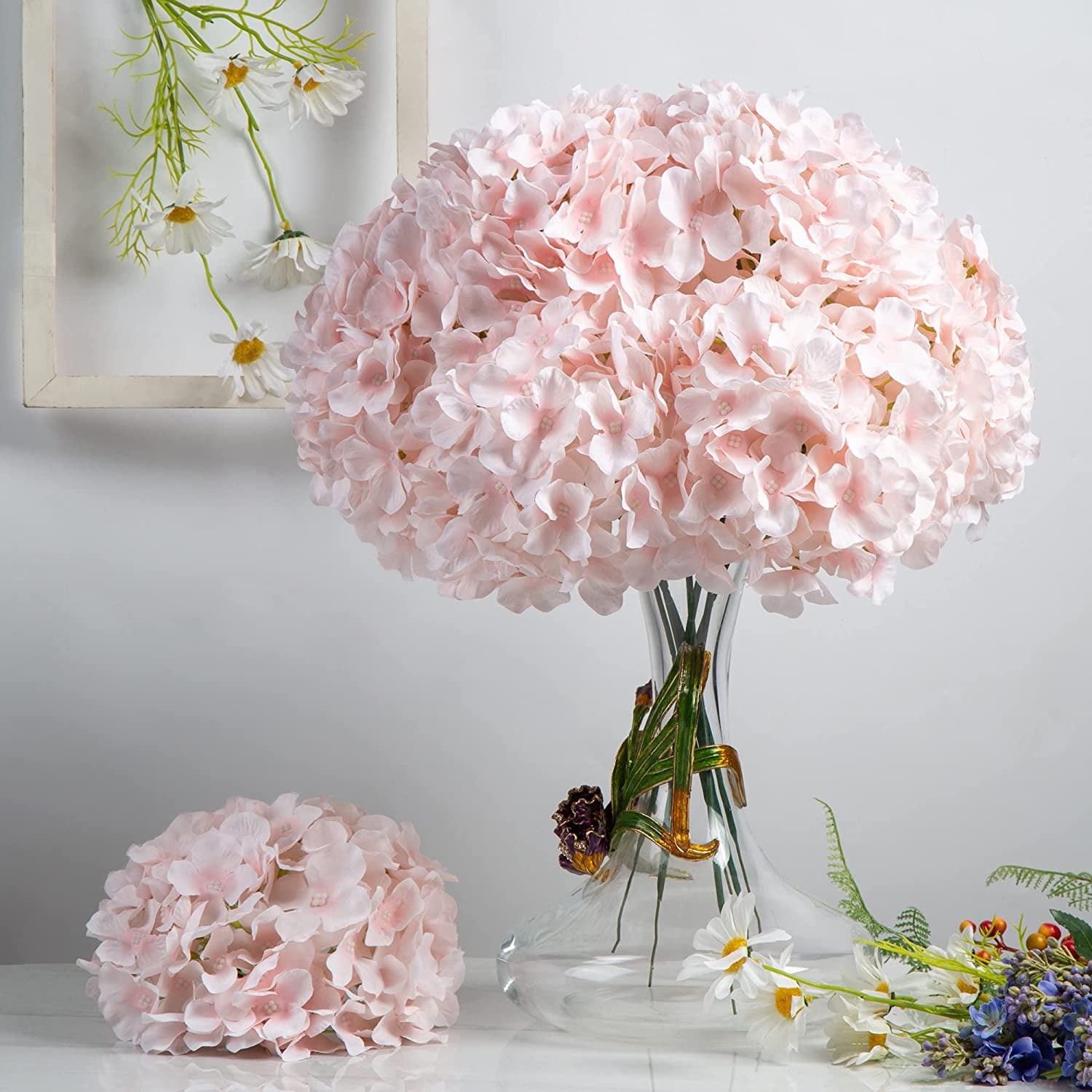 Silk Hydrangea Artificial Flowers Heads with Stems for Wedding Home Decor Pack of 6 (Purple)