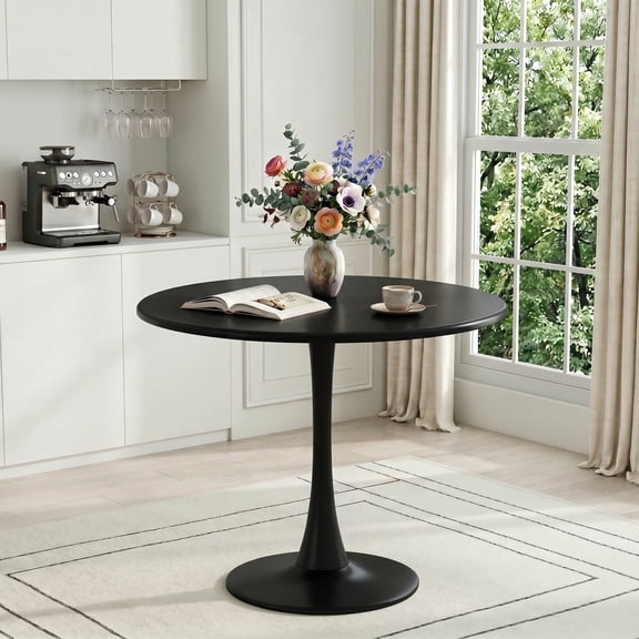 31.5" Round Dining Table, Tulip Pedestal Metal Base and MDF Top, for Small Kitchens and Dining Rooms