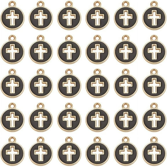 100 Pcs Flat Round Enamel Cross Charms Black Alloy Crucifix Charm Pendants with Light Gold Plated Edge Hollow Cross Charm for Bracelet Necklace Jewelry Making 15x12mm