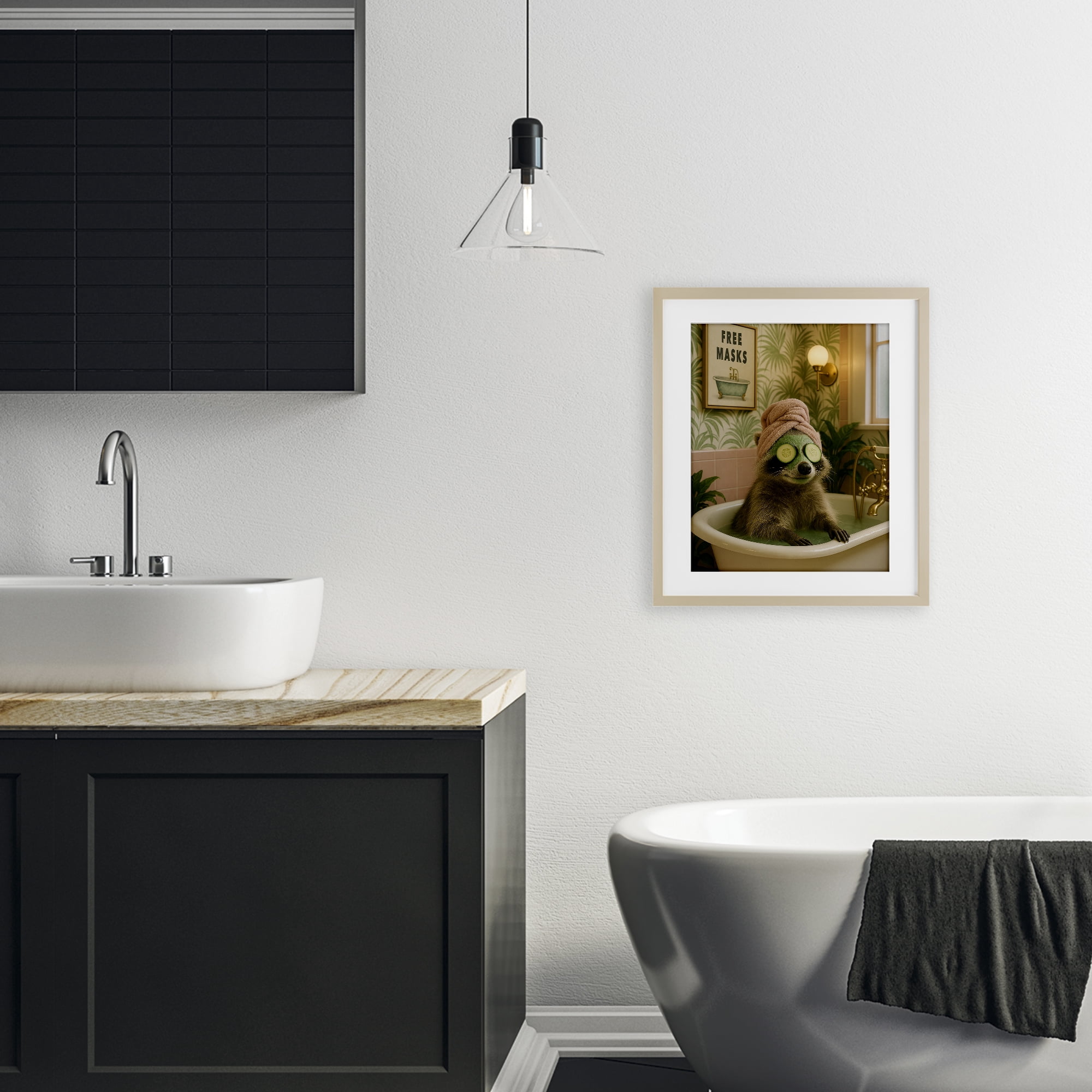 Stupell Industries Raccoon Spa Day Bath Birch Framed Print Under Glass, design by Grotto Studios
