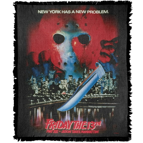 Friday The 13Th Blanket, 50'x60' Jason Takes Manhattan Poster Woven Tapestry Cotton Blend Fringed Throw Blanket