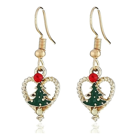 Christmas Tree Heart Hook Earrings Womens Green Enamel Gold Tone Alloy Ginger Lyne Collection
