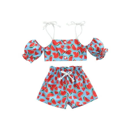 

ZIYIXIN Kids Toddler Baby Girl Summer Outfit Floral Cold Shoulder Flare Sleeve Crop Top Shorts Pants 2PCS Clothes Blue 3-4 Years