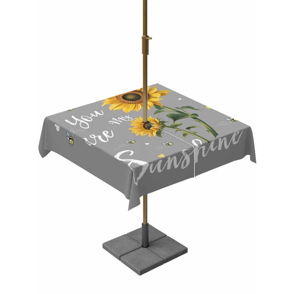 Outdoor Tablecloth with Umbrella Hole and Zipper, Sunflowers Square Table Cloth 60x60 Inch Waterproof Tablecloth, Spring Summer Bees Yellow Floral Grey Picnic Table Cover for Patio Camping