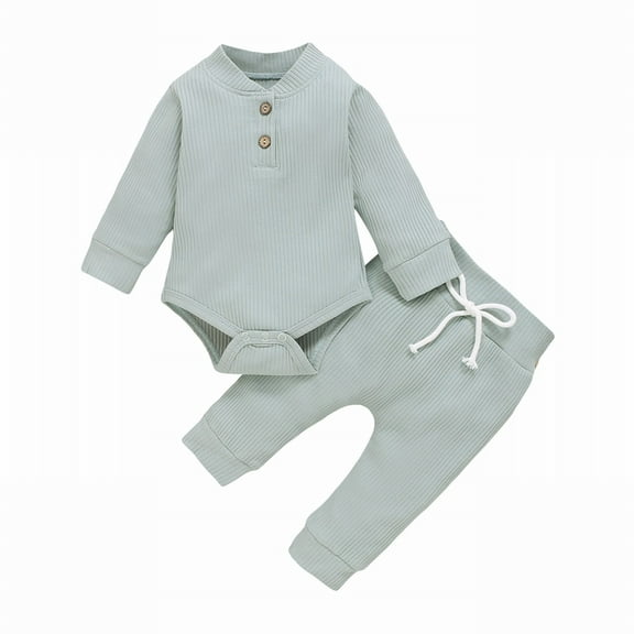 Mercatoo Toddler Baby Boy Girls Clothes Set Long Sleeved Solid Color Romper   Pants Outfit for 3 to 24 Months Boy Girls