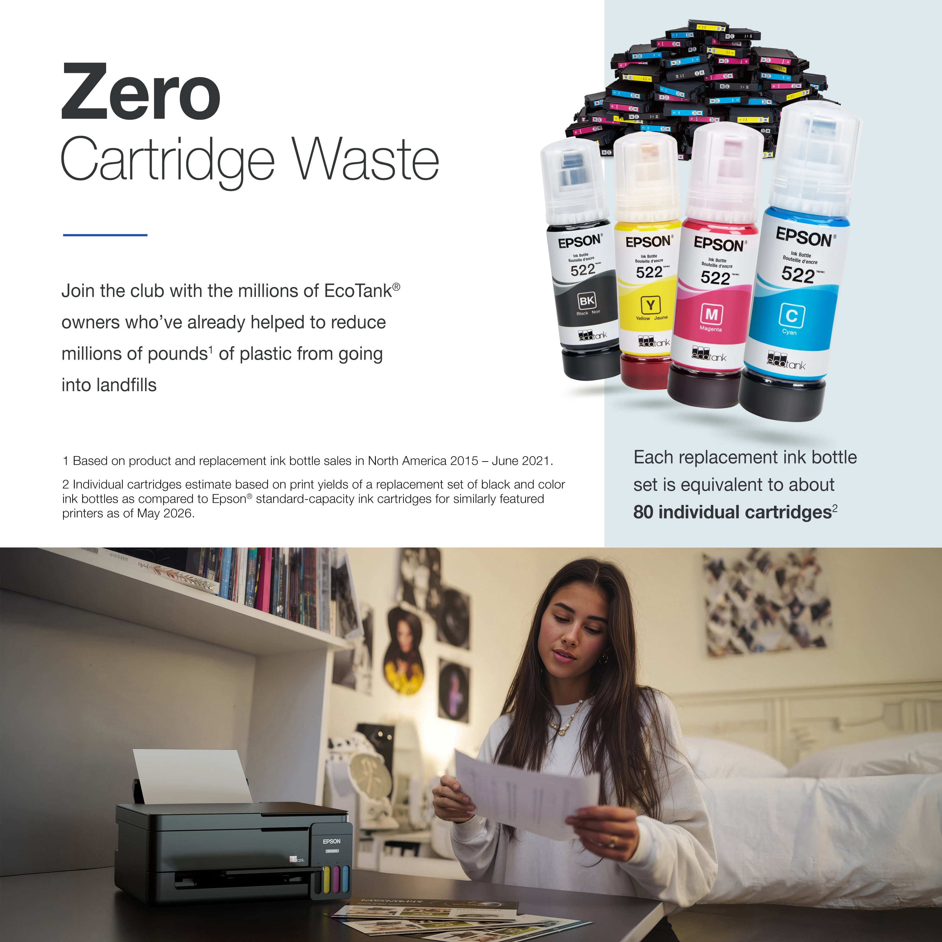 Epson EcoTank ET-2410 Wireless All-in-One Color Supertank Printer with up to 3 Years of Ink, Refillable Tanks, Perfect for Home, 11 PPM, Built-in Scanner – Black