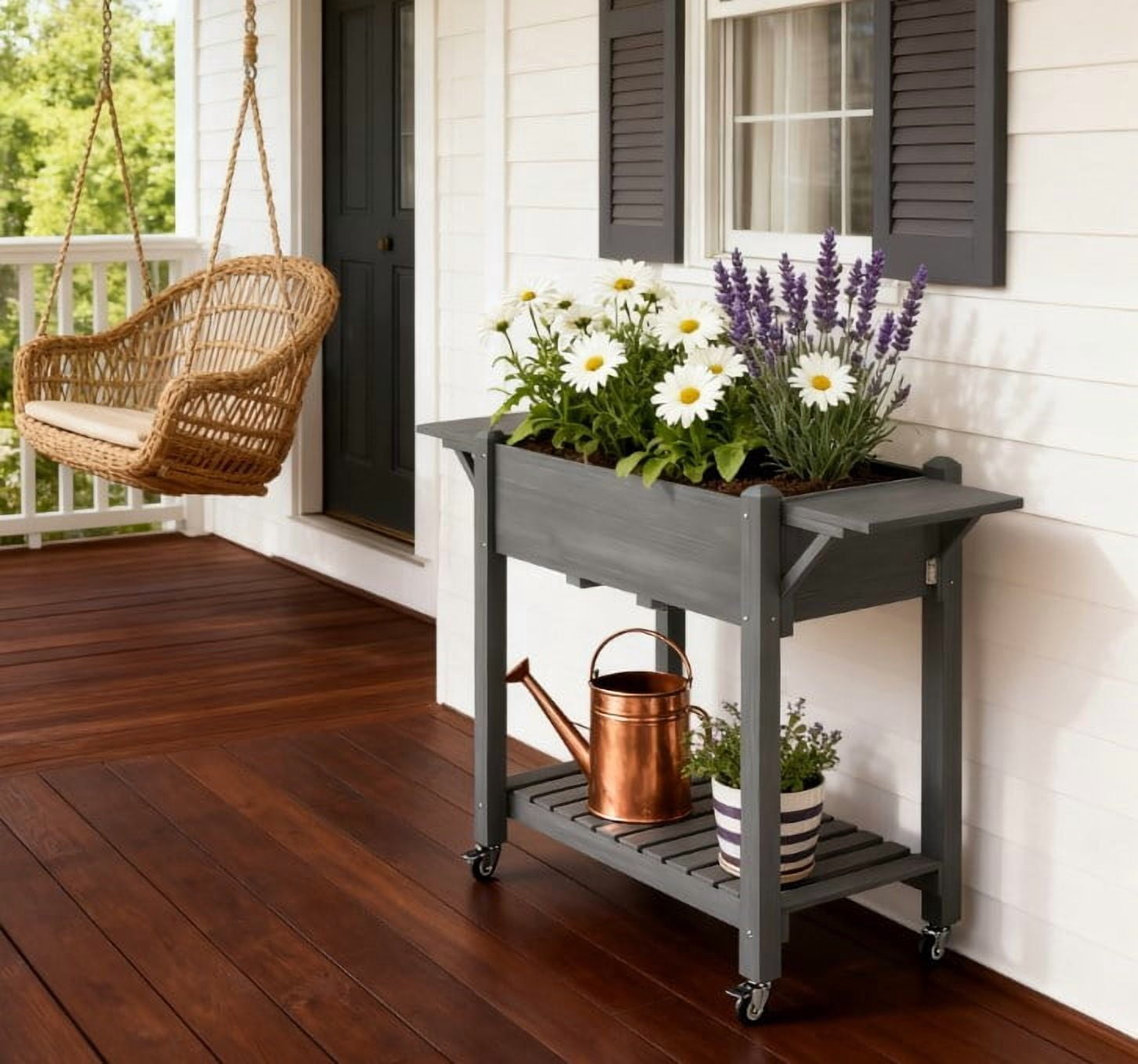 Elevated Garden Bed, Wood Raised Planter Box with Lockable Wheels, Side Tables, Bottom Shelf, Drain Holes