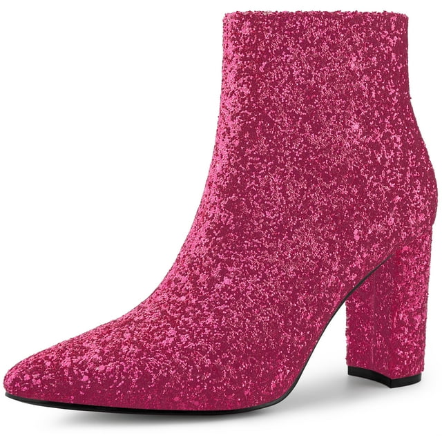 Unique Bargains Women's Glitter Pointed Toe Block Heeled Ankle Chelsea Boots
