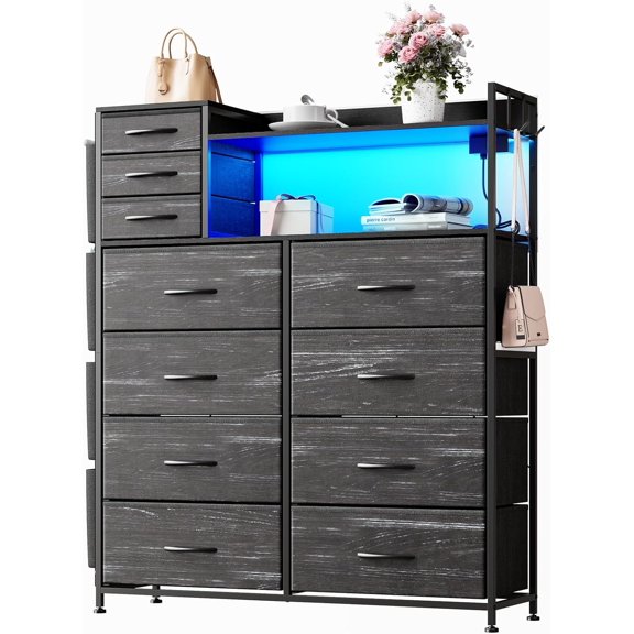 Tuekys 8 3 Drawers Fabric Dressers with 4 Side Pockets,LED Lights,Charging Station,Hooks,Sturdy Steel Frame & Wooden Top Shelves for Bedroom