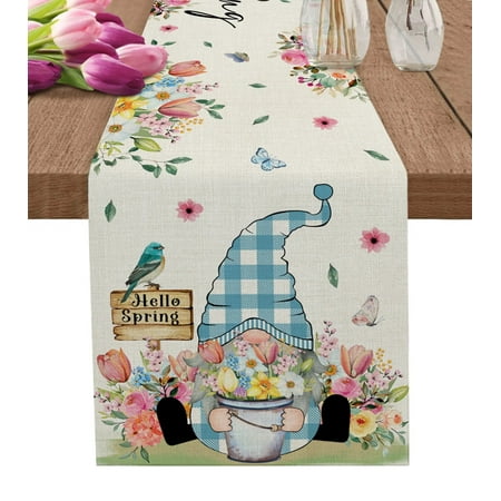 

Spring Sunflower Tulip Flower Gnome Print Table Runner Modern Linen Decoration Home Dinner Wedding Party Decoration Table Runner