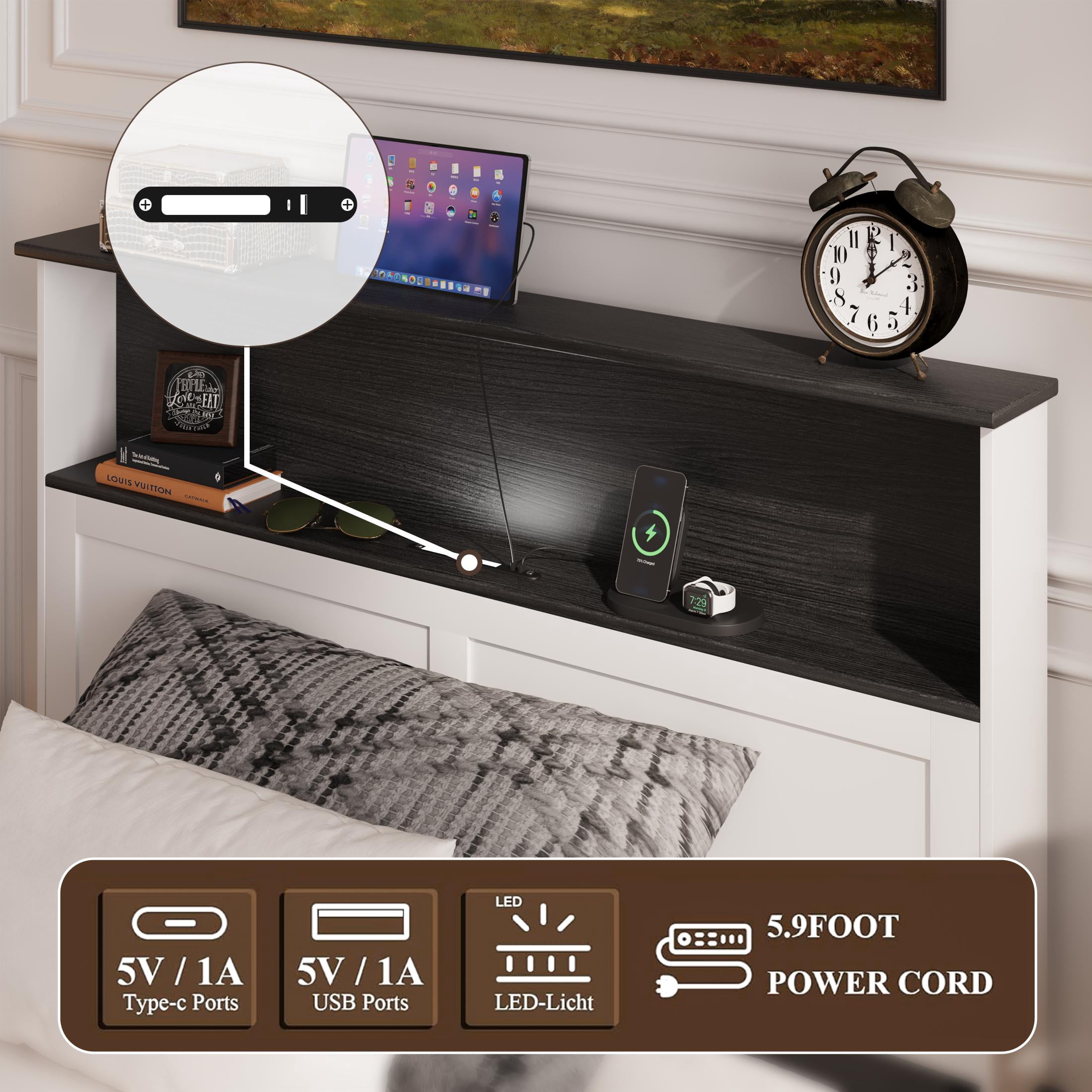 PAPROOS Twin Bed Frame with Charging Station and LED Light, Twin Size wood Platform Bed with Headboard and Footboard, No Box Spring Needed, White&Black