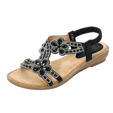 

NOKIO Flat Sandals for Women Dressy Women S Rhinestone Roman Sandals Summer Ethnic Open Toe Thick Bottom Slope Heel Women S Shoes Summer Comfortable Ankle Strap Womens Sandal