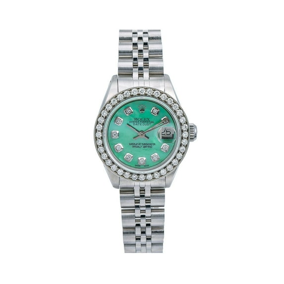 Pre-Owned Rolex Datejust 26MM 6916 Turquoise Mother of Pearl Diamond Dial Diamond Bezel Stainless Steel Jubilee Bracelet 0.9ct