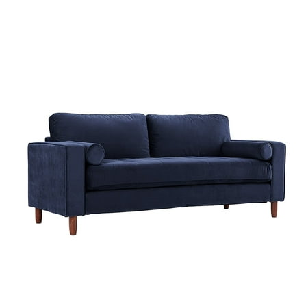Mid Century Modern Velvet Fabric Sofa Couch With Bolster Pillows Mid Century Modern Velvet Fabric Sofa Couch With Bolster Pillows Navy