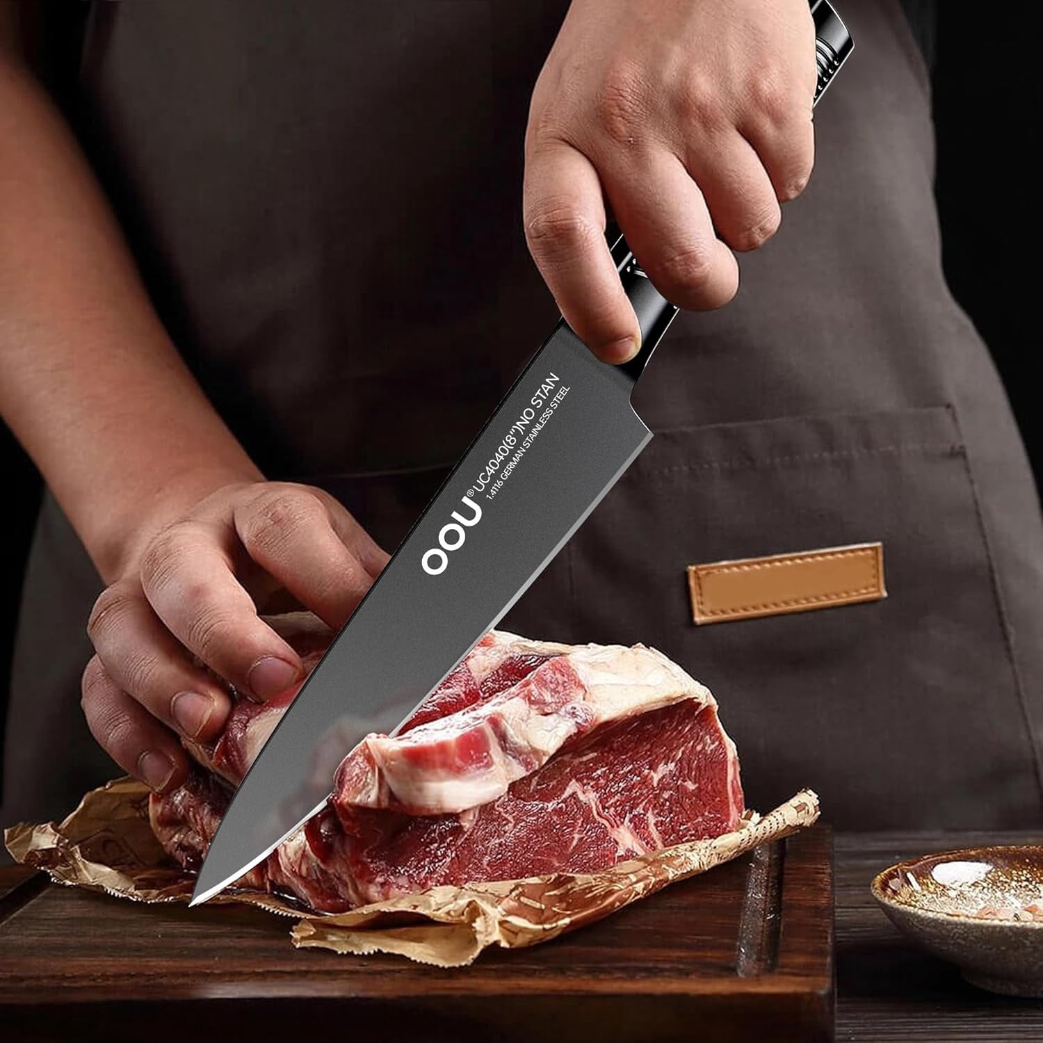 OOU Kitchen Knife Block Set - 15 Pieces High Carbon Stainless Steel Chef Knife Sets, Anti-Rust Black Knives Set with Built-in Sharpener Block, Walnut