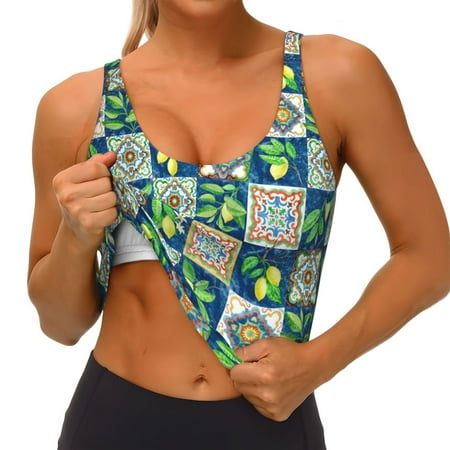 Qokaie Lemon and Leaves Pattern Womens Scoop Neck Sports Bra Breathable Workout Vest Padded U Back Medium Impact Fitness Gym Yoga Bra Workout Crop Top