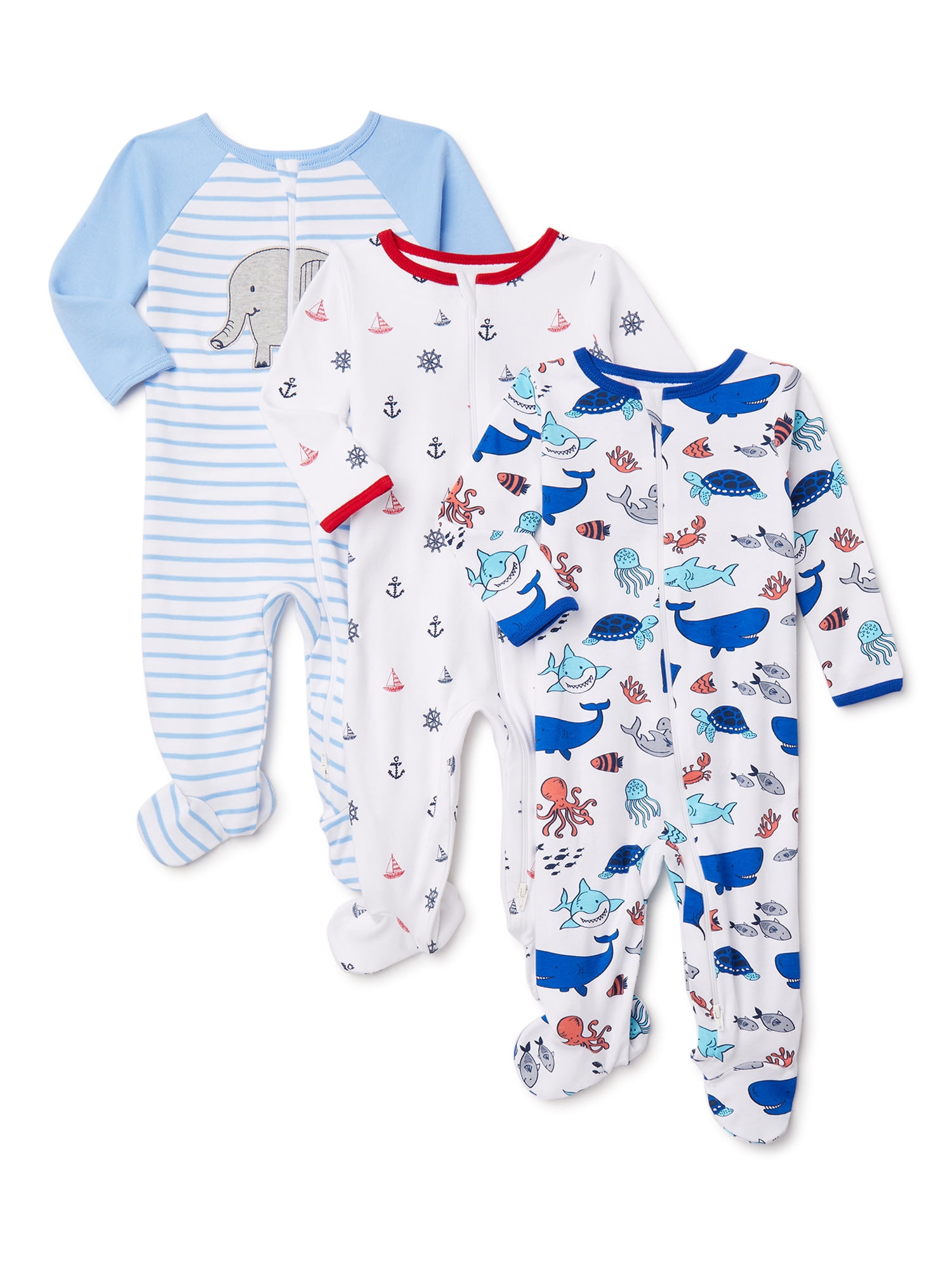 Wonder Nation Newborn Baby Boy Sleep and Play Pajamas, 3 Pack, Preemie