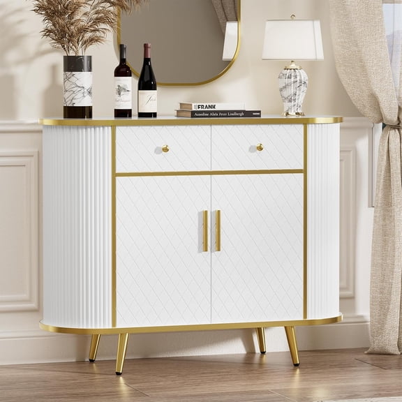 LUMIINOFAMI Sideboard Buffet Cabinet with Storage, 43.3'' Modern Coffee Bar Entryway Cabinet with Drawers, Console Table with Storage Gold Sealed Edge Luxury Style for Living Room, Hallway (White)