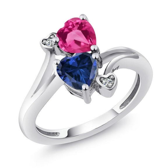 Gem Stone King 925 Sterling Silver Pink Created Sapphire Blue Created Sapphire and White Diamond Ring for Women (1.63 Cttw, Heart Shape 6MM, Gemstone September Birthstone, Size 6)