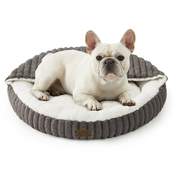 Lit pour Petit Chien avec Couverture à Capuche, Lit Rond Moelleux Anti-Anxiété pour Petits Chiens et Chiens Moyens, Cozy Beigne Câlin avec Fausse Fourrure Lavable en Machine