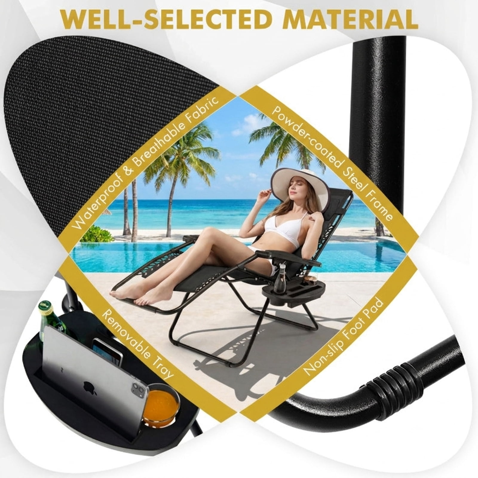 Furnibear Outdoor Folding Zero Gravity Reclining Lounge Chair with Removable Cup Holder Tray Detachable Headrest Steel and Aluminum Frame and 350 lb Capacity, Black