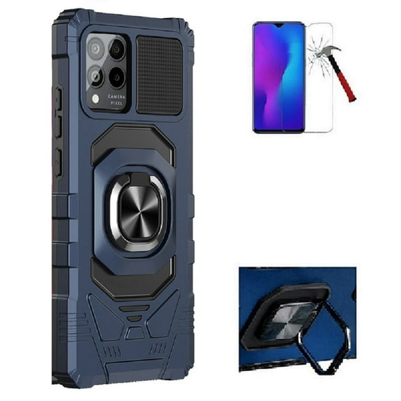 Tommulti Phone Case for T-Mobile Revvl 6 Pro 5G,  Ring Stand Hybrid Case Cover   Tempered Glass (Blue)