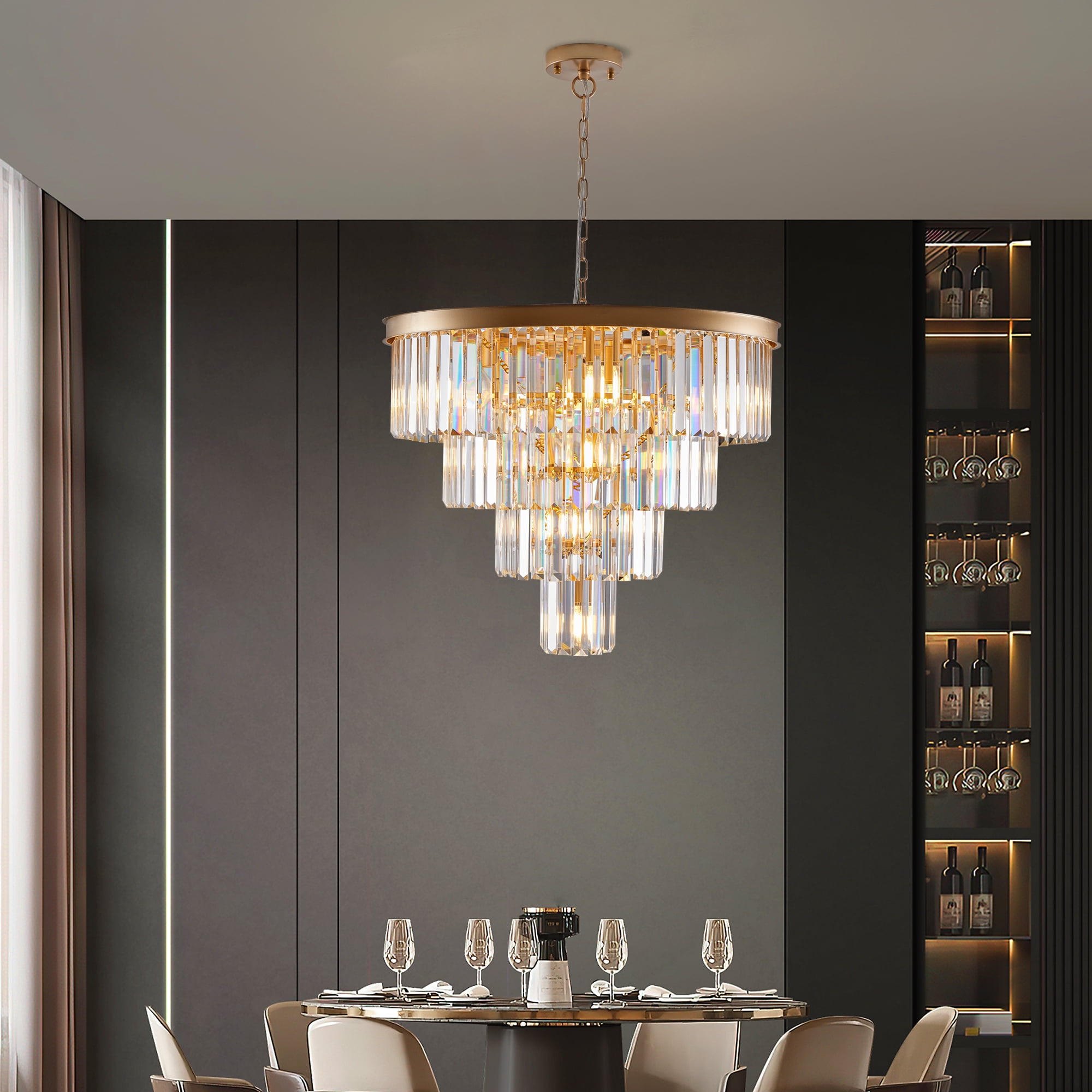 Jopath 24" 4-Tier Crystal Chandelier, 12-Light Golden Frame Pendant Light, Elegant Ceiling Lighting for Living Room, Dining Room, Bedroom (No Bulbs)
