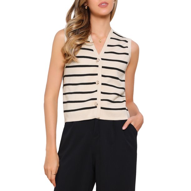 Chaleco de punto sin mangas de cuello en V con botones INSPIRE CHIC para mujer, talla XL, color beige