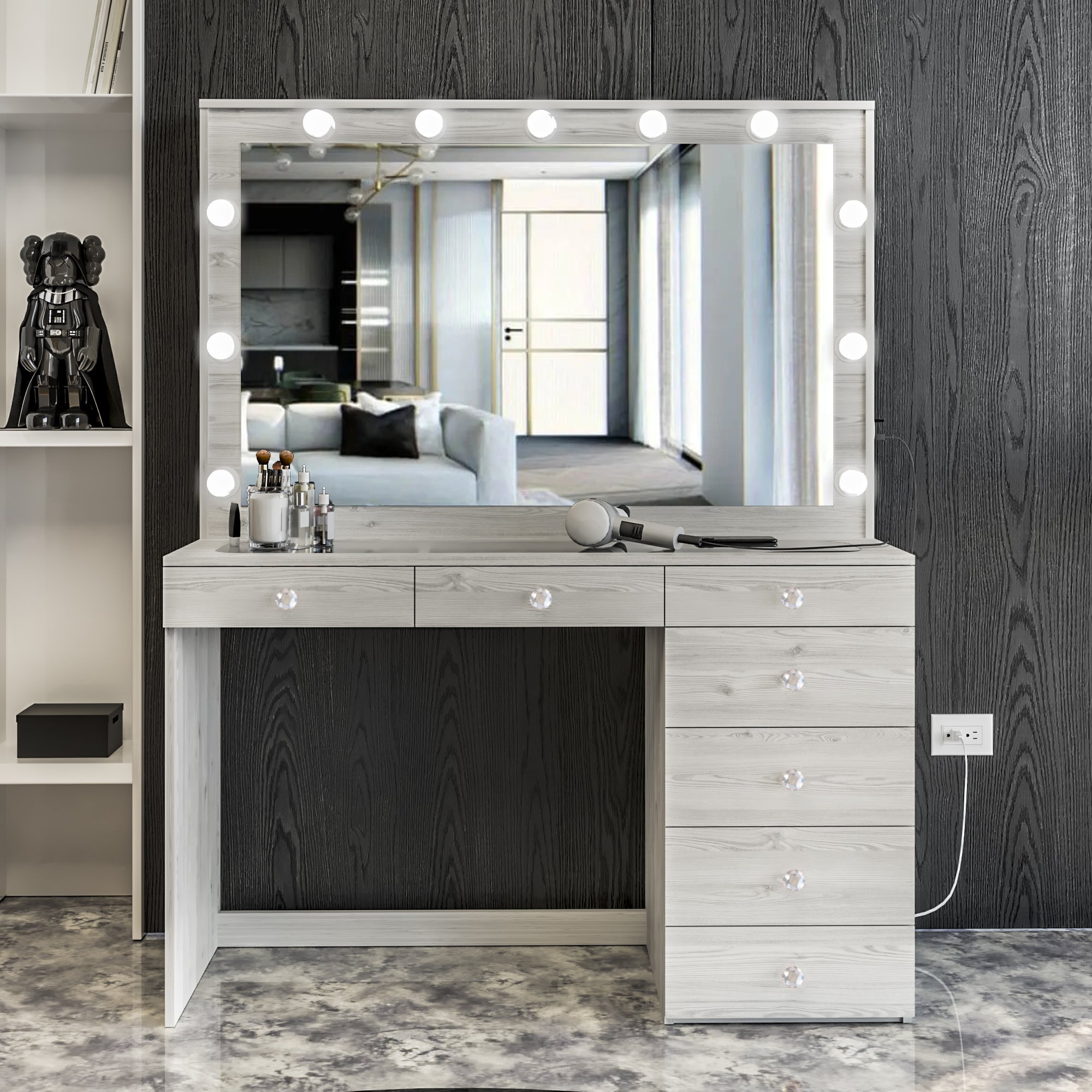 Grey vanity desk with mirror discount