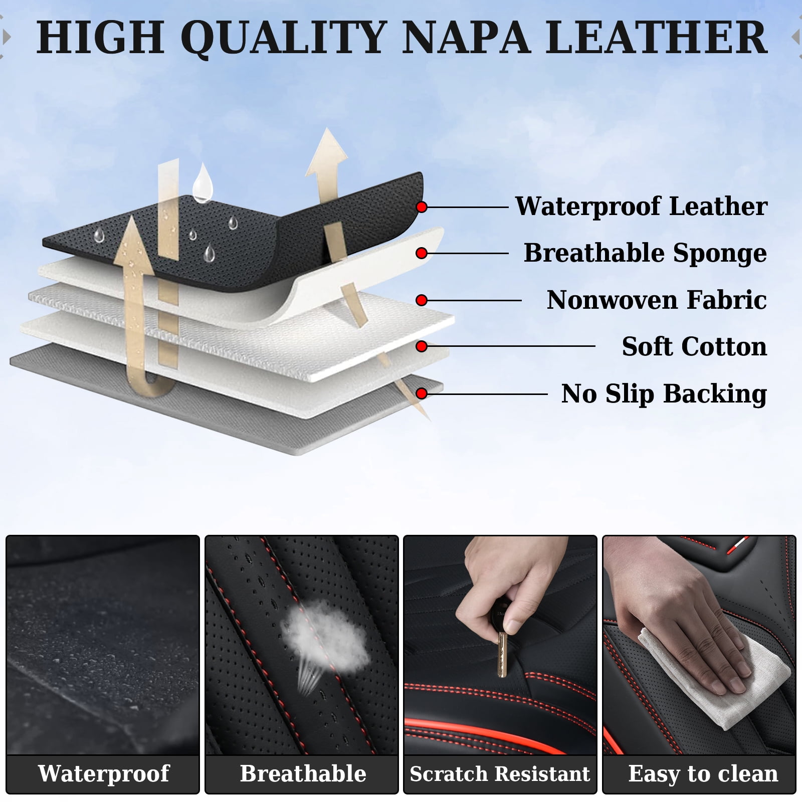 Coverado Front Car Seat Covers, Airbag Compatible Faux Leather Seat Protectors, Waterproof Cushions Universal Fit for Most Sedans SUV Pick-up, Black&Red