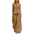 thumbnail image 2 of Mifsaly Two Piece Vacation Sets for Women Sleeveless Button Down Shirt and High Waisted Wide Leg Palazzo Pants Lightweight Flowy Summer Matching Lounge Outfits with Pockets Brown,XL, 2 of 7