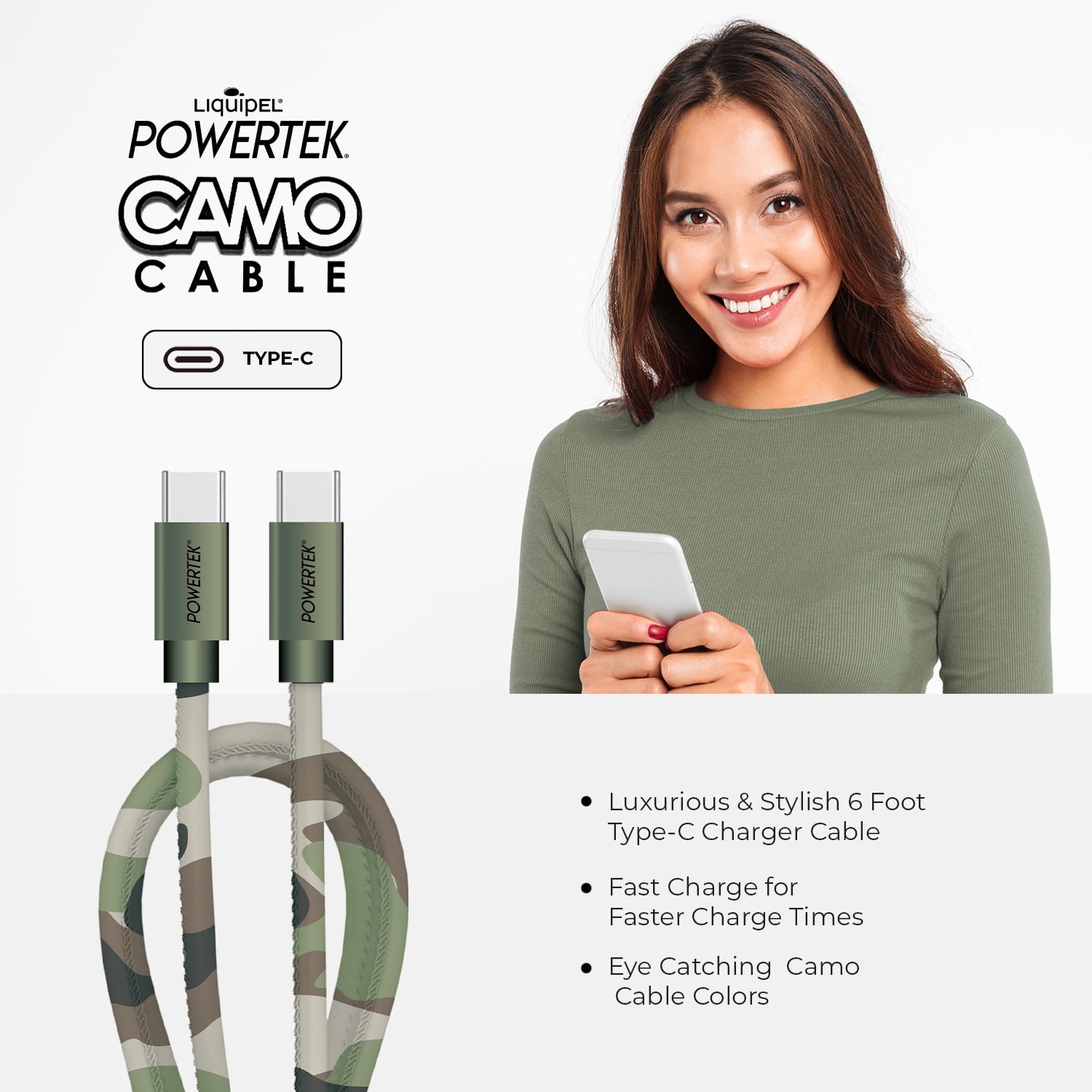 Liquipel Powertek Pastel Camo 6' USB-C to USB-C Cable, Green