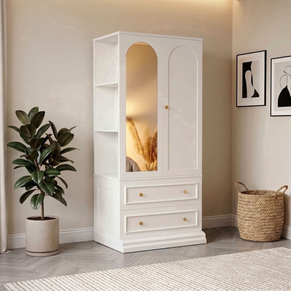 LIKIMIO White Wardrobe Armoire with Mirror, 2 Drawers & Open Shelves, Bedroom Closet Cabinet with Hanging Rod