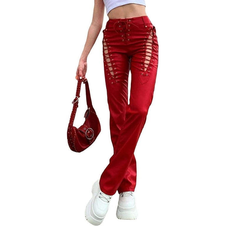 DanceeMangoos Women's Lace Up PU Leather Pants Trendy Y2k High Waist Hollow  Out Drawstring Bandage Cut Out Faux Leather Trousers