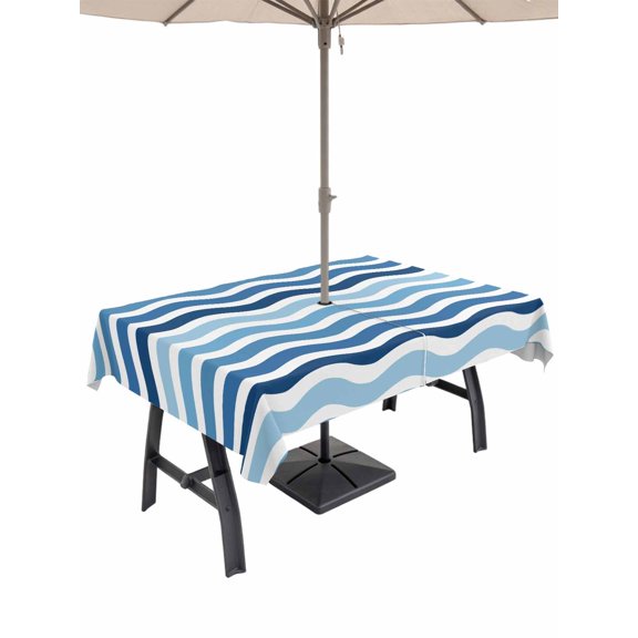 Outdoor Tablecloth with Umbrella Hole, Geometric Blue Ombre Waterproof Outdoor Table Cover, Modern Gradient White Ocean Striped Patio Tablecloths for Party Picnic Camping, Rectangle 60"x102"