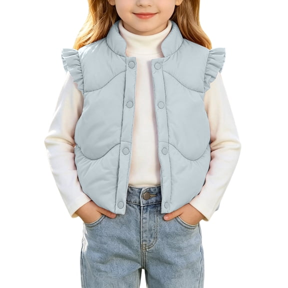 ZACPNCV Toddler Girls Ruffle Puffer Vest Stand Collar Button Sleeveless Padded Gilet Thick Warm Winter Cute Jackets Waistcoat,Light Blue